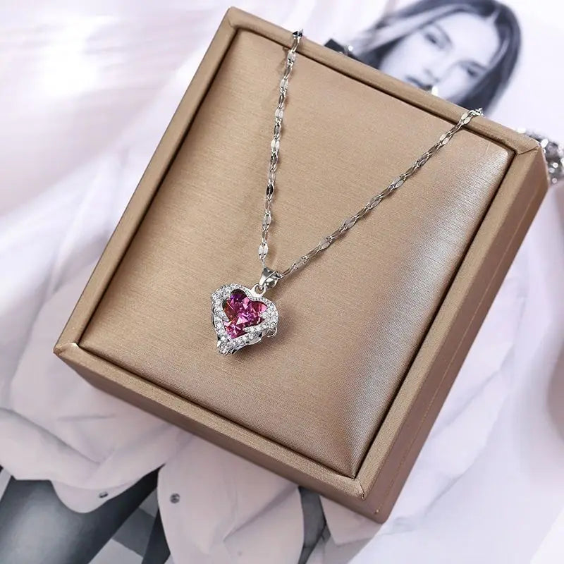 Luxury Colorful Crystal Ocean Heart Necklace – 316L Stainless Steel Pendant Jewelry for Women
