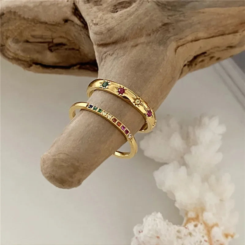2pcs Rainbow CZ Gold Rings for Women