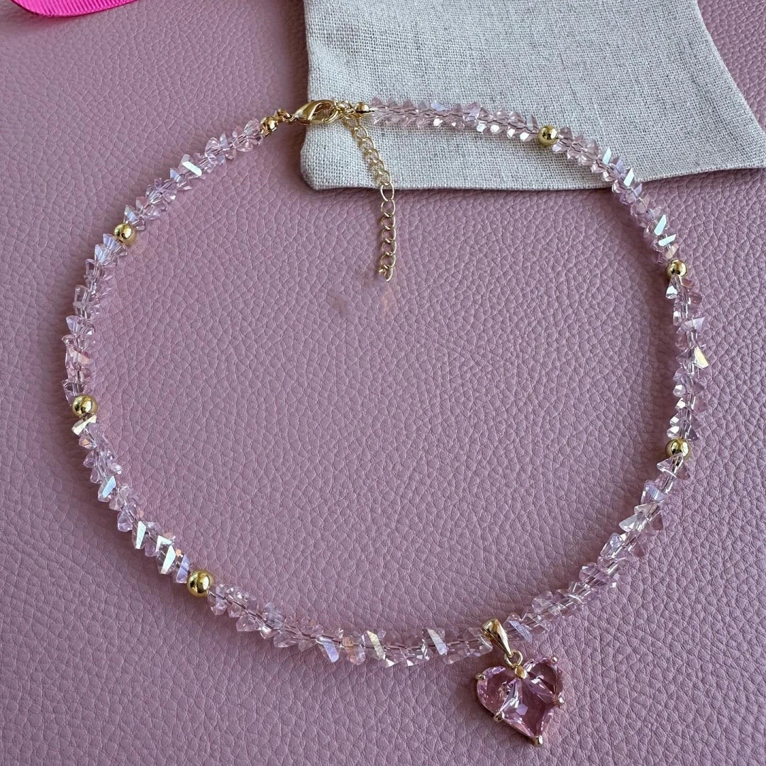 Vintage Zircon Heart Crystal Pendant Necklace – Boho Baroque Transparent Chain Jewelry for Women