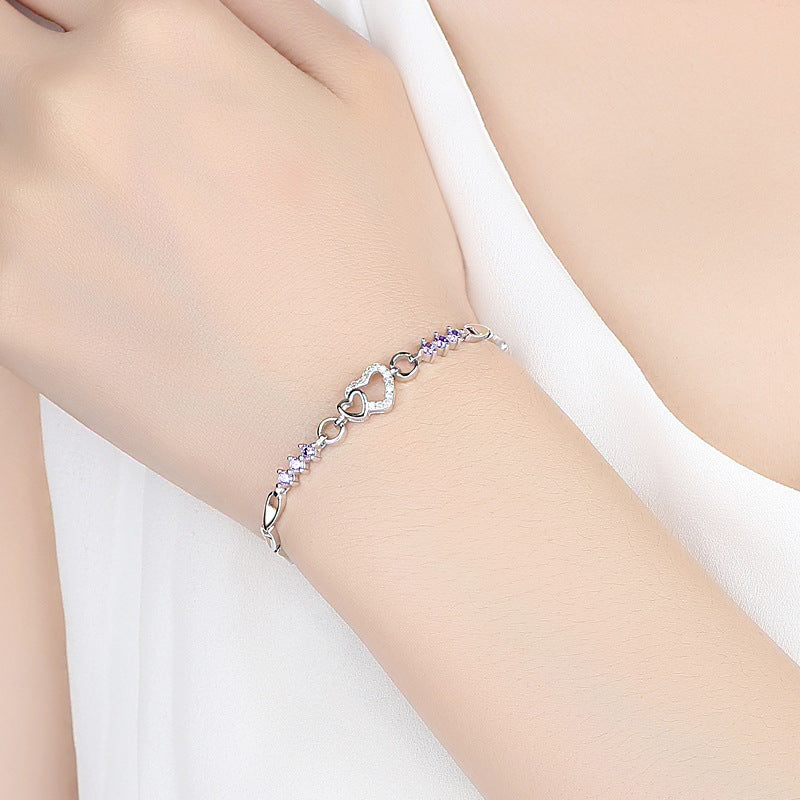 925 Sterling Silver Heart Bracelet – Purple Crystal Zircon Jewelry for Women
