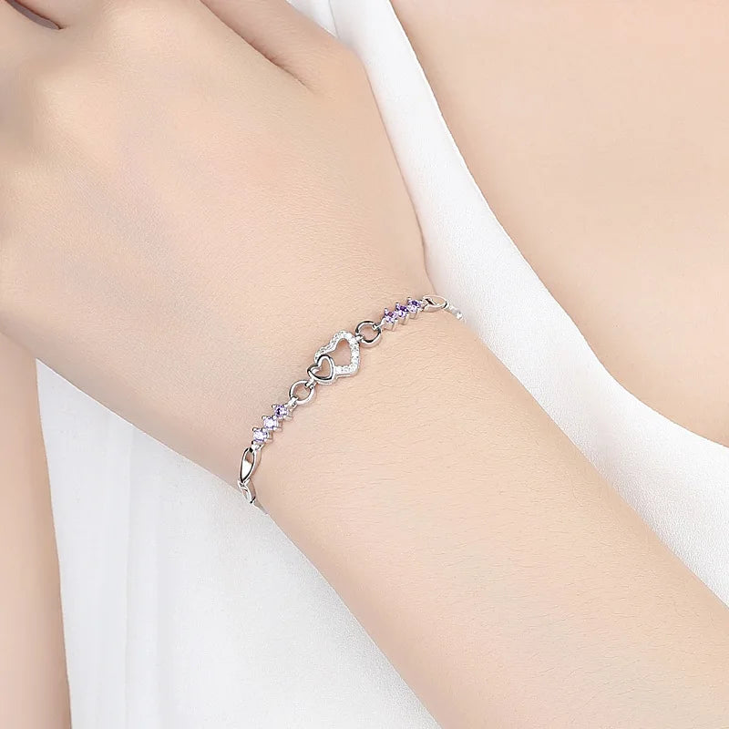 925 Sterling Silver Heart Bracelet – Purple Crystal Zircon Jewelry for Women