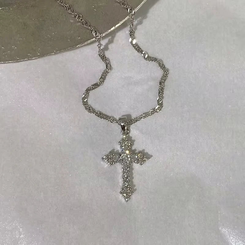 Shiny Crystal Zircon Cross Necklace – Punk Silver Pendant Jewelry for Women & Girls