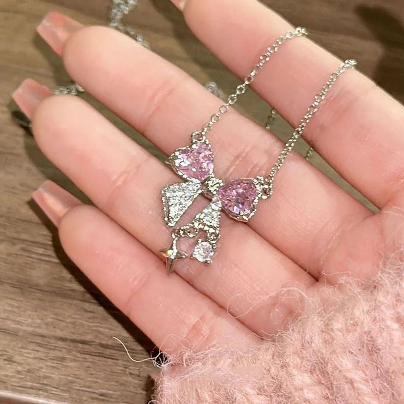 Pink Bow Star Rhinestone Necklace for Women