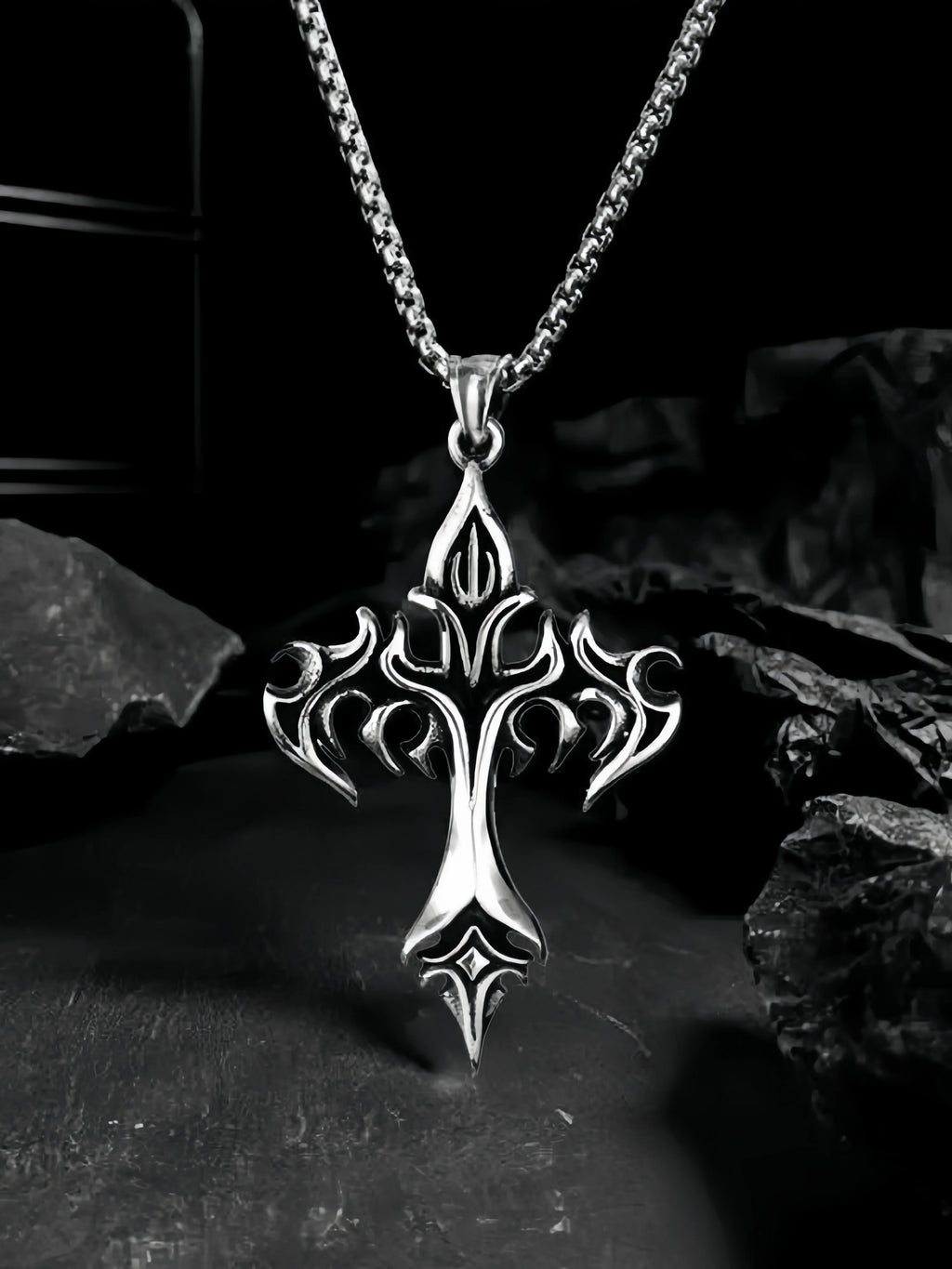 Retro Flame Cross Pendant Necklace – Punk Gothic Long Chain Jewelry for Men & Women