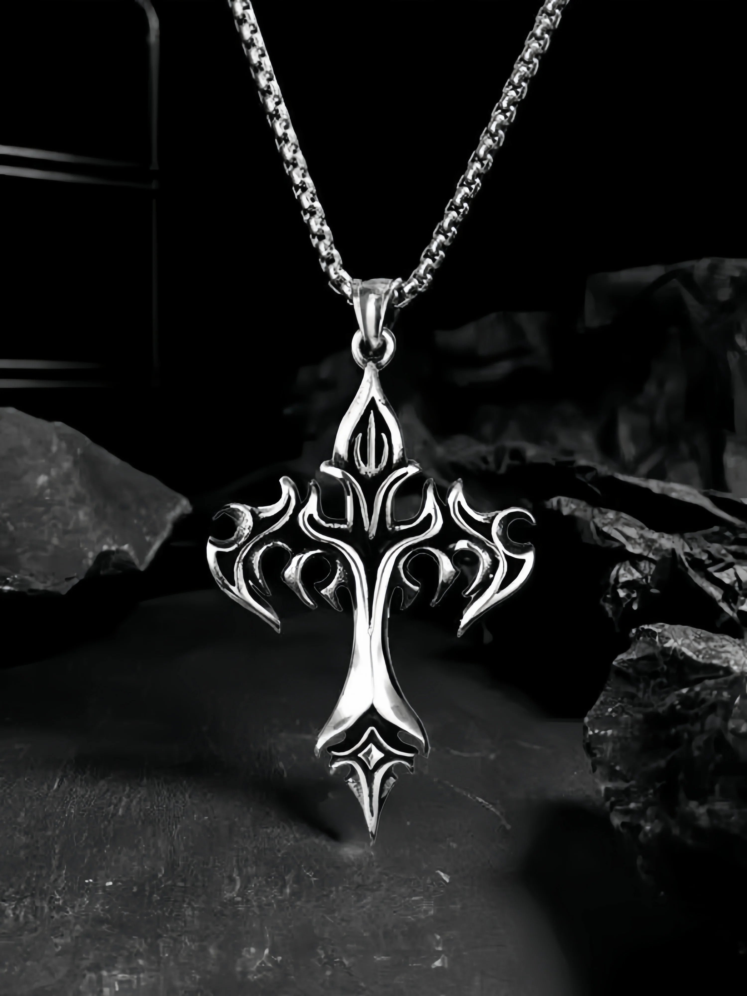 Retro Flame Cross Pendant Necklace – Punk Gothic Long Chain Jewelry for Men & Women