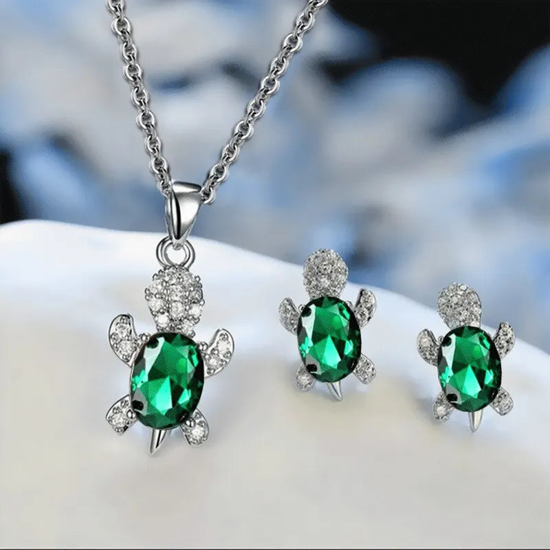 Silver Turtle Necklace & Earrings Set for Women