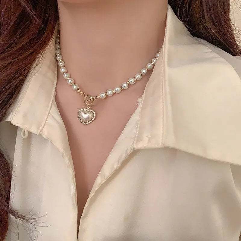 Elegant Pearl Heart Necklace – Luxury Imitation Pearl Jewelry for Women