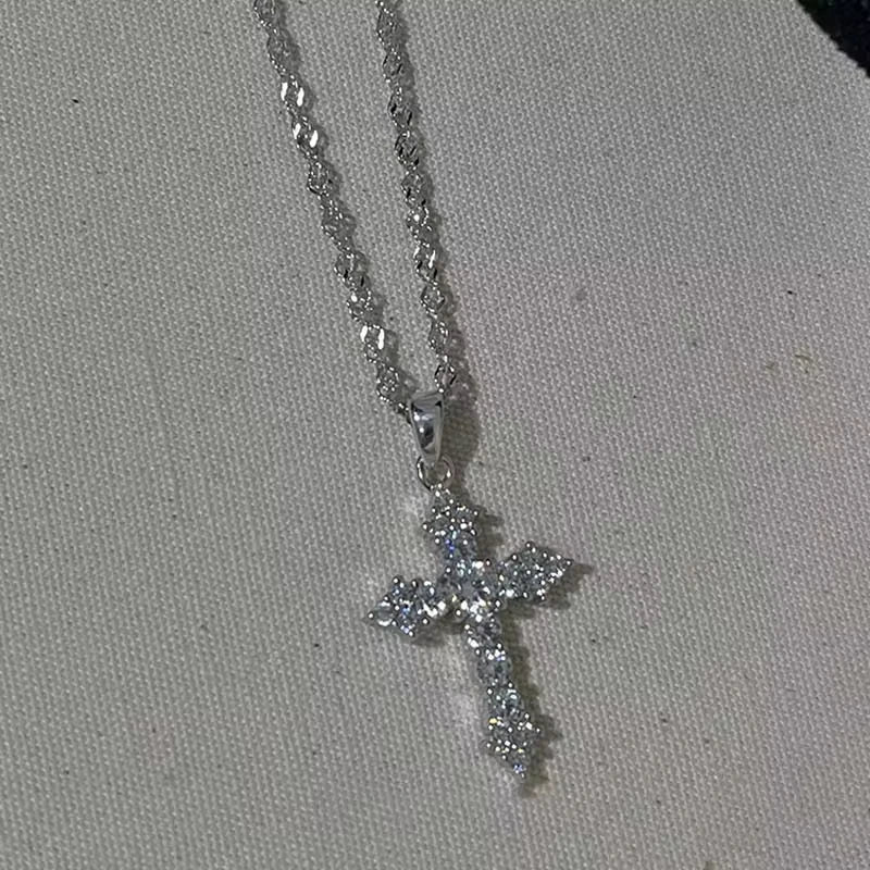 Shiny Crystal Zircon Cross Necklace – Punk Silver Pendant Jewelry for Women & Girls