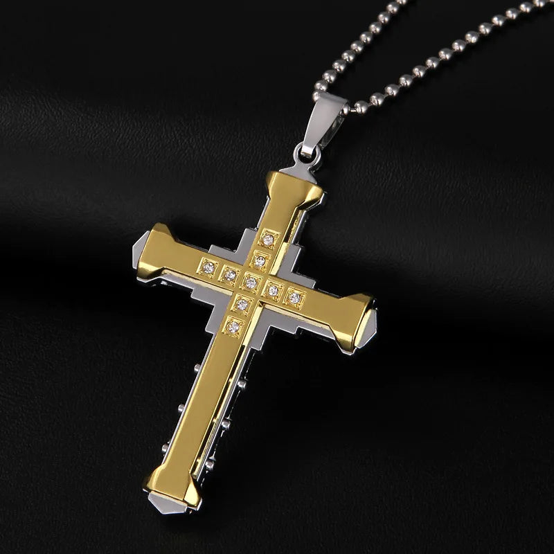 Dark Knight Three-Layer Men’s Necklace – Diamond-Studded Cross Pendant Jewelry