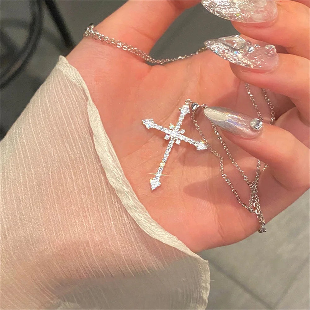 Elegant Crystal Cross Pendant Necklace – Silver Star Jewelry for Women