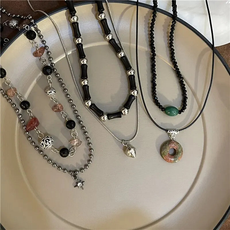 2Pcs Vintage Peace Pendant Necklace Set – Natural Stone Beaded Choker for Women & Men