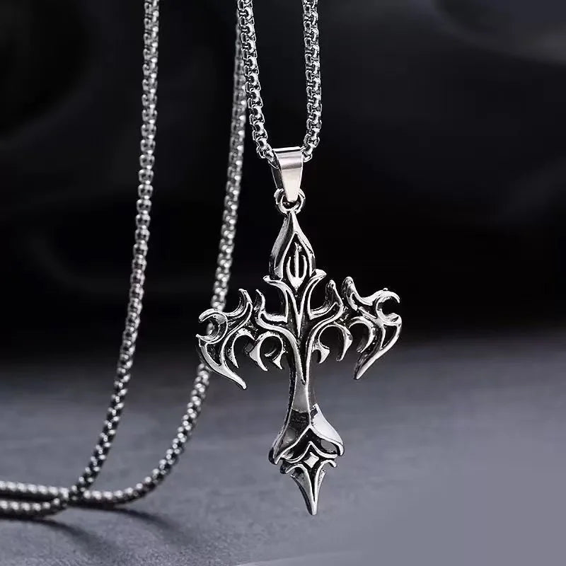 Retro Flame Cross Pendant Necklace – Punk Gothic Long Chain Jewelry for Men & Women