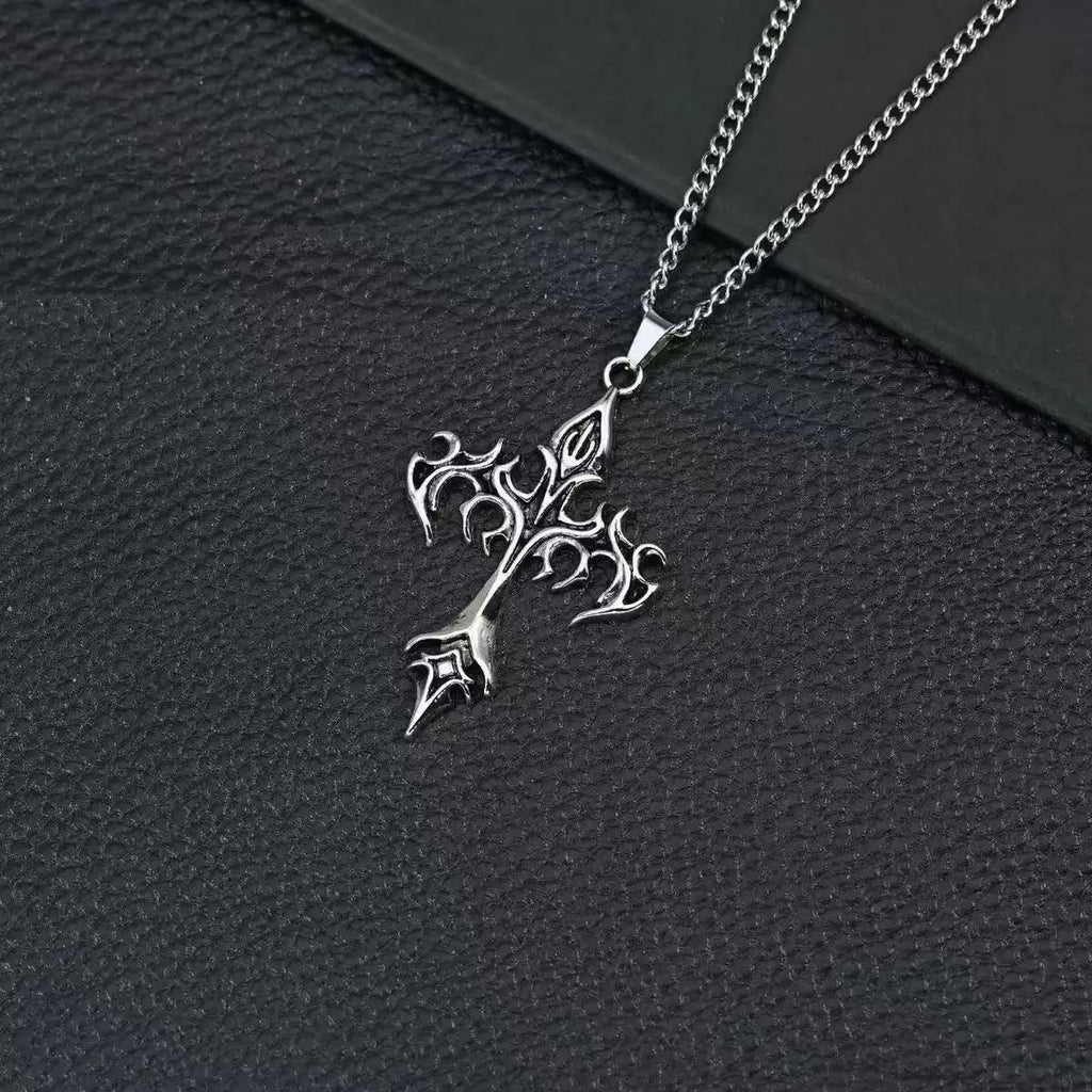 Retro Flame Cross Pendant Necklace – Punk Gothic Long Chain Jewelry for Men & Women