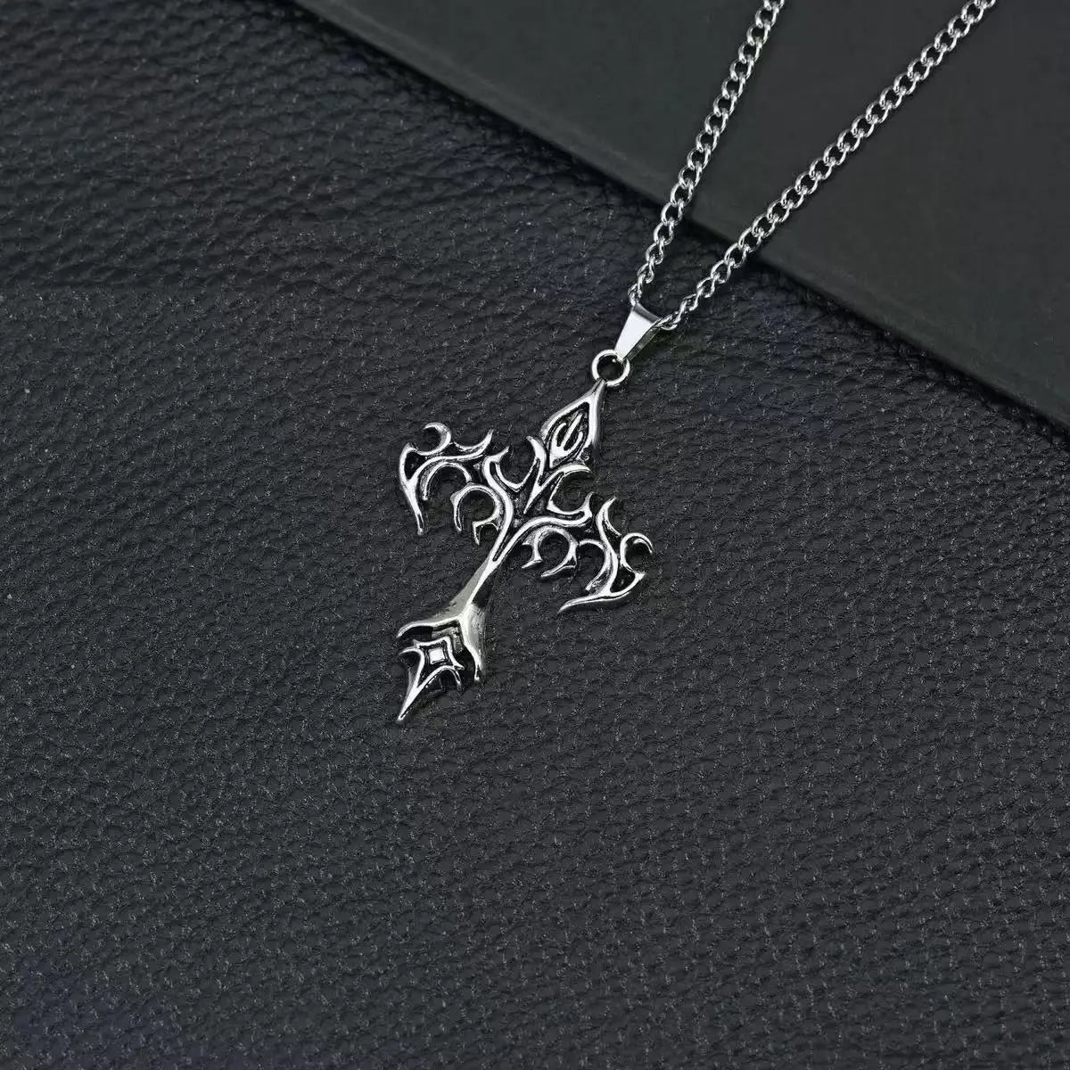 Retro Flame Cross Pendant Necklace – Punk Gothic Long Chain Jewelry for Men & Women