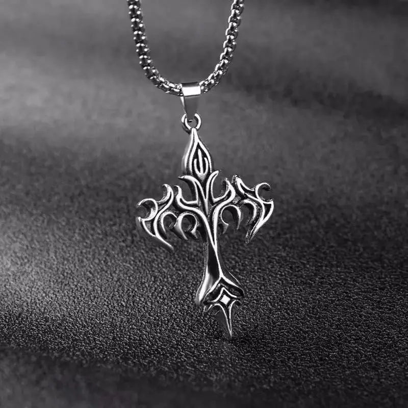 Retro Flame Cross Pendant Necklace – Punk Gothic Long Chain Jewelry for Men & Women