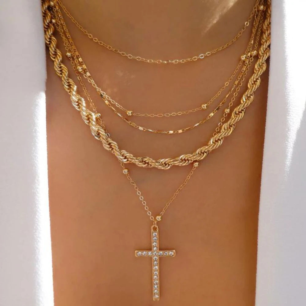 Vintage Gold Multi-Layer Crystal Necklace Set – Boho Trendy Jewelry for Women
