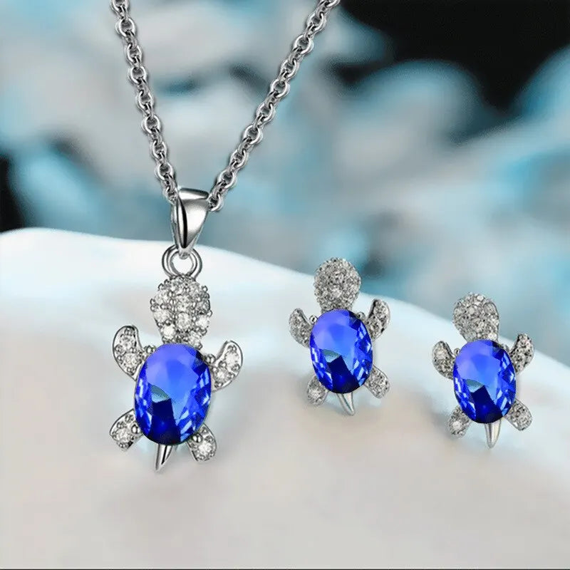 Silver Turtle Necklace & Earrings Set for Women