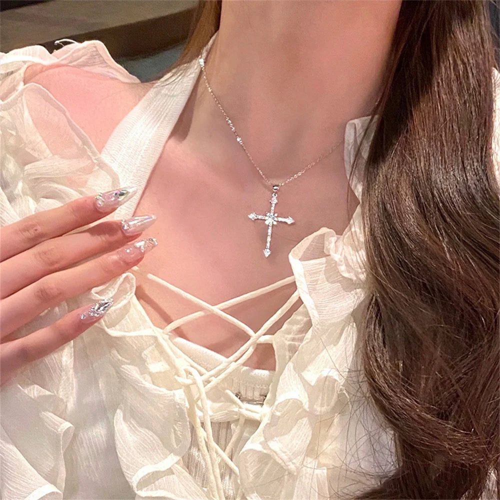 Elegant Crystal Cross Pendant Necklace – Silver Star Jewelry for Women