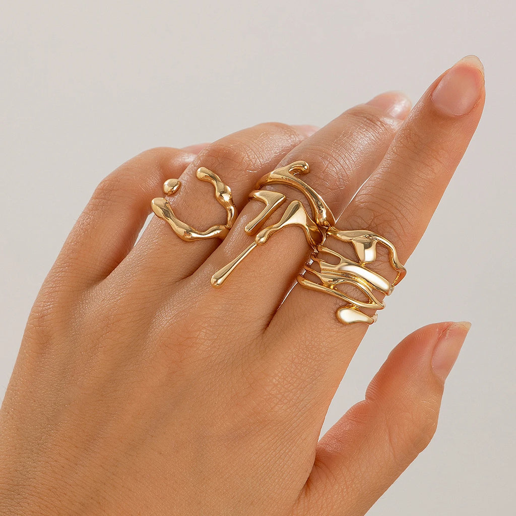 Vintage Lava Open Ring Set – 4PCS Adjustable Gold Couples Jewelry