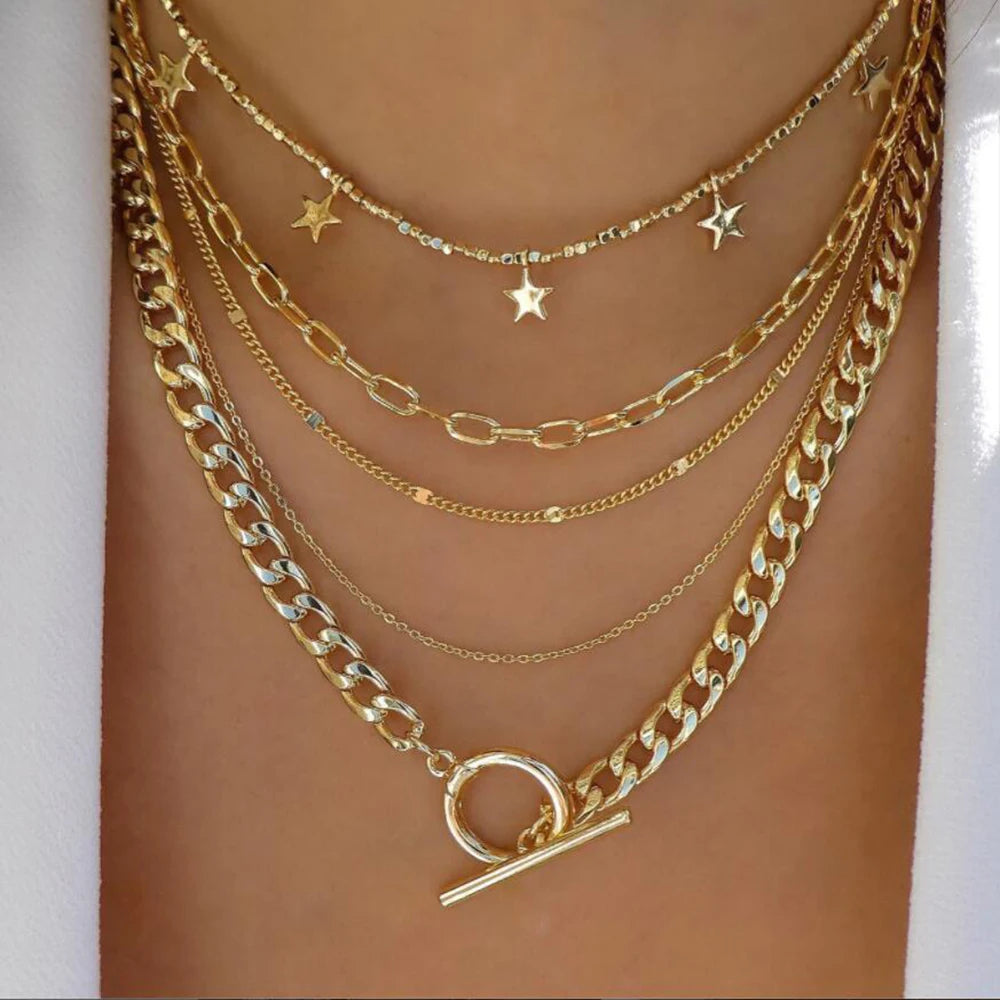 Vintage Gold Multi-Layer Crystal Necklace Set – Boho Trendy Jewelry for Women