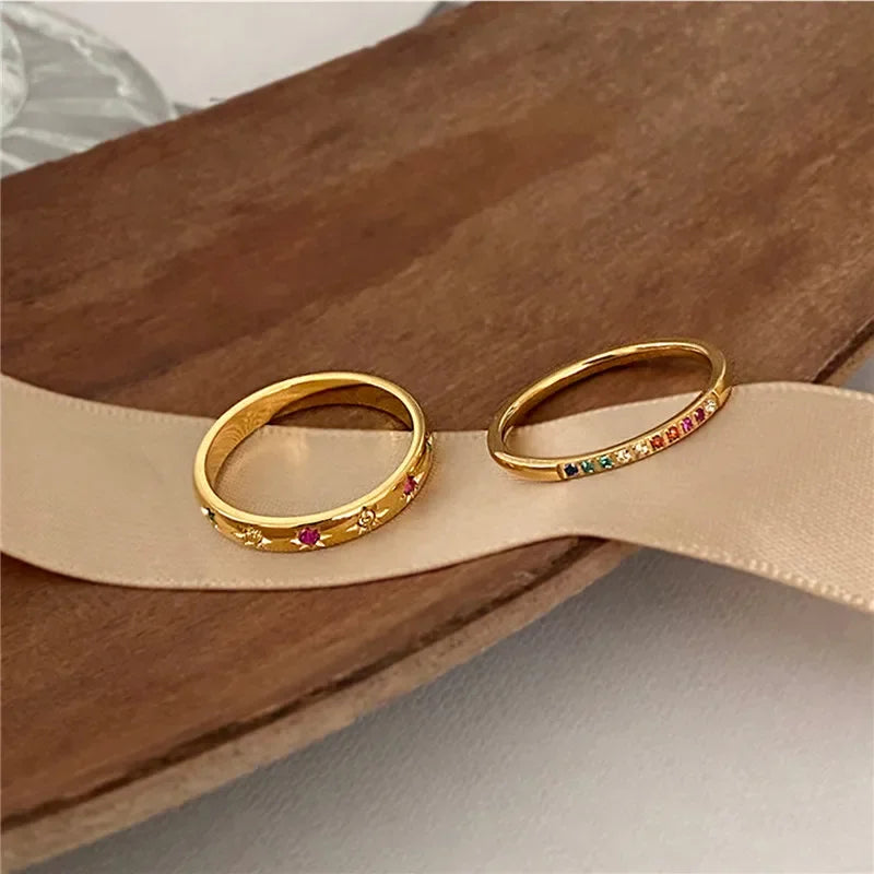 2pcs Rainbow CZ Gold Rings for Women