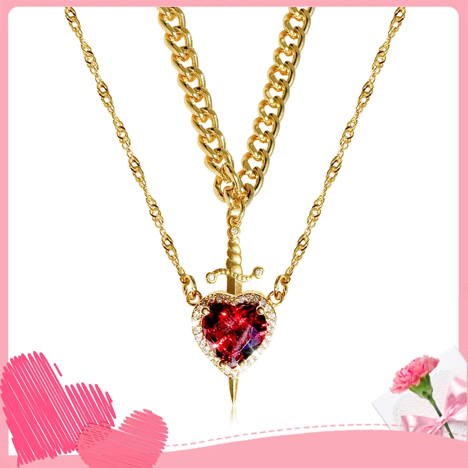Vintage Gothic Dagger Heart Pendant Necklace – Trendy Collarbone Jewelry for Women