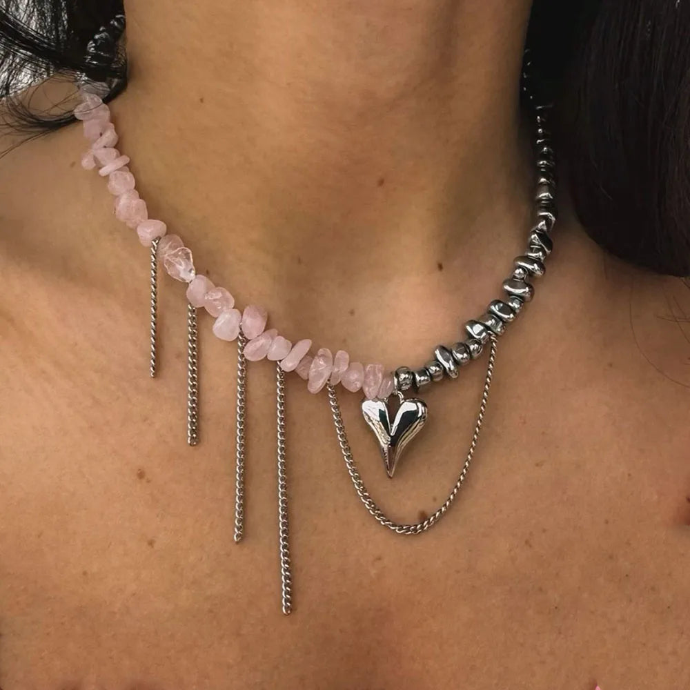 Irregular Pink Stone Heart Pendant Necklace Women
