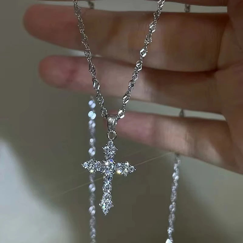 Shiny Crystal Zircon Cross Necklace – Punk Silver Pendant Jewelry for Women & Girls