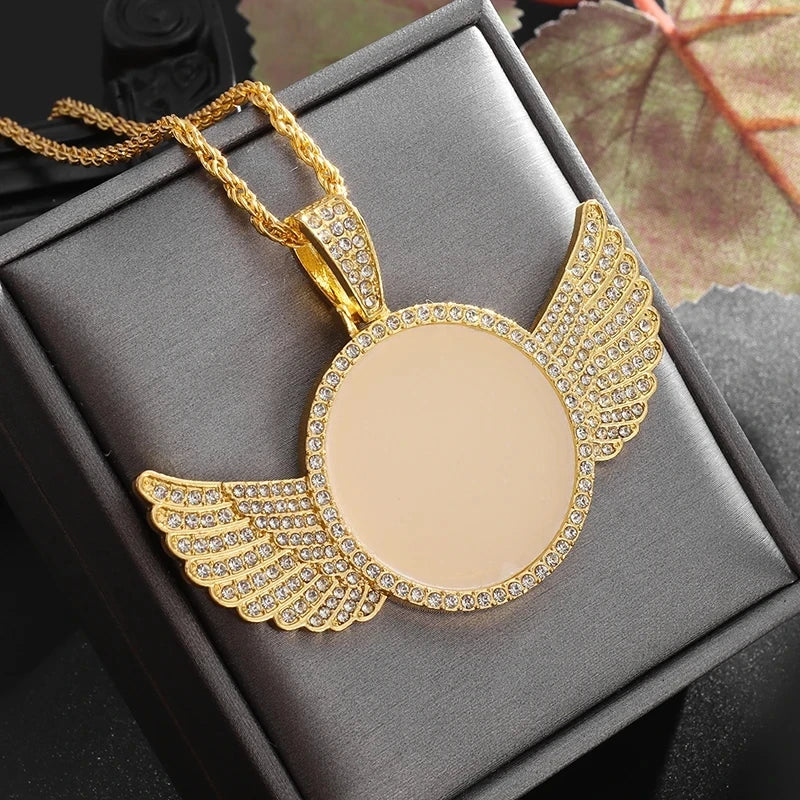 Memory Angel Wings Photo Necklace – Crystal Zirconia Pendant for Couples