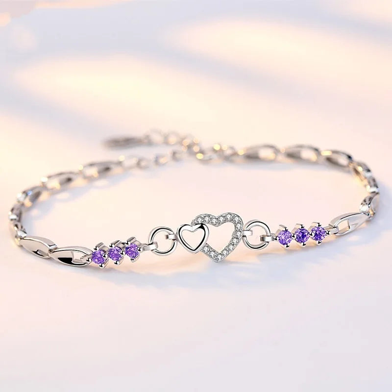 925 Sterling Silver Heart Bracelet – Purple Crystal Zircon Jewelry for Women
