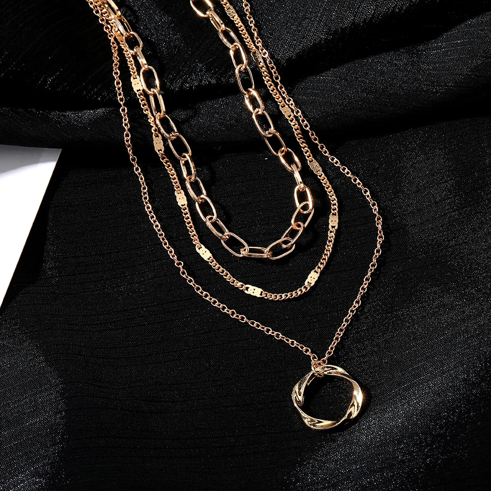 IPARAM Multi-Layered Gold Chain Necklace – Vintage Circle Pendant Jewelry for Women