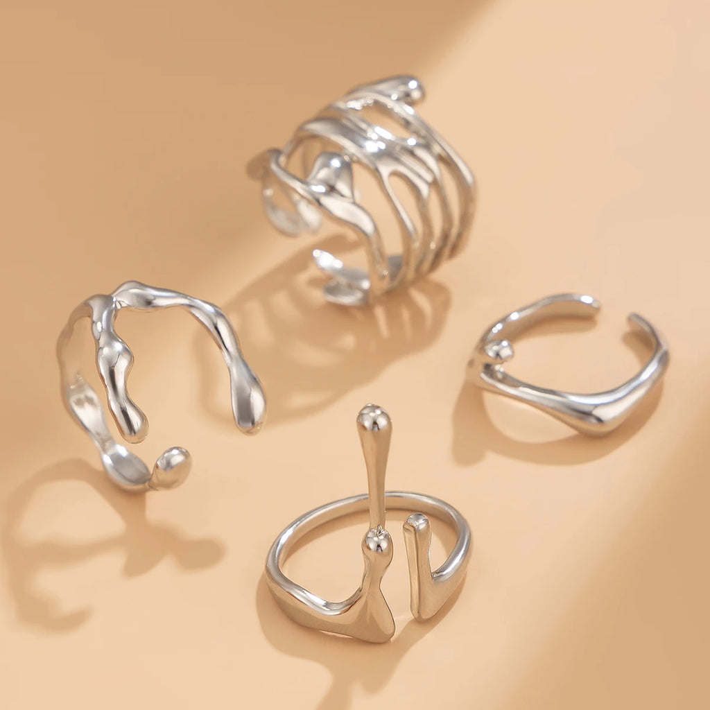 Vintage Lava Open Ring Set – 4PCS Adjustable Gold Couples Jewelry