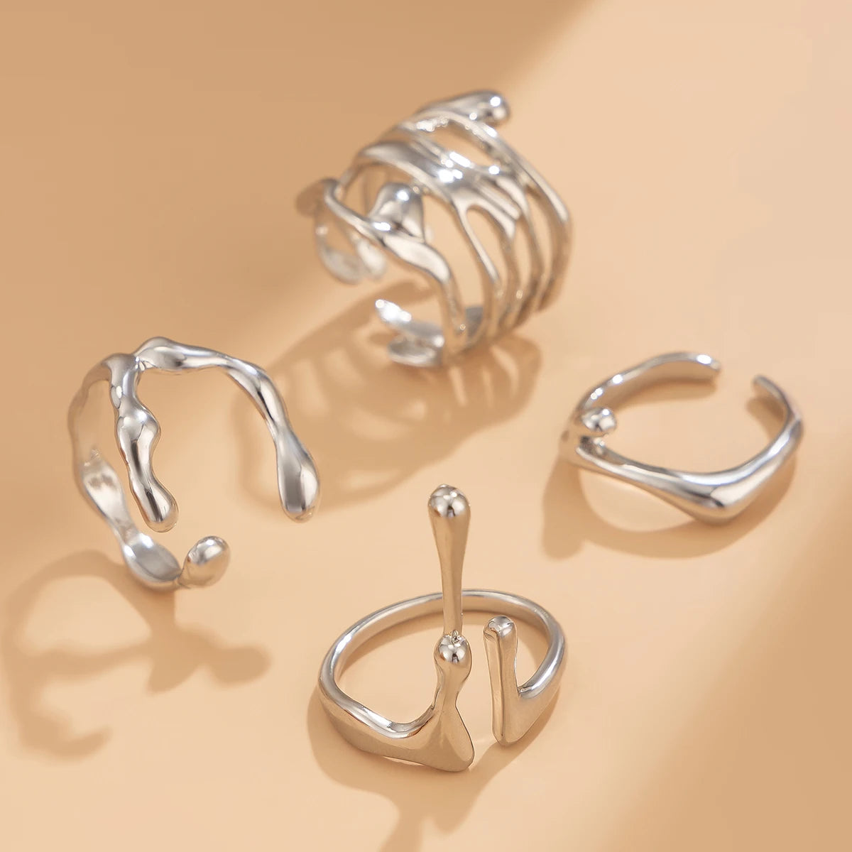 Vintage Lava Open Ring Set – 4PCS Adjustable Gold Couples Jewelry