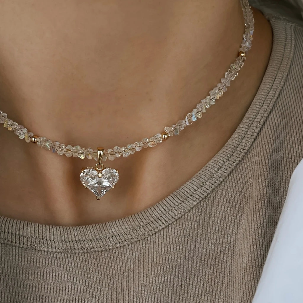 Vintage Zircon Heart Crystal Pendant Necklace – Boho Baroque Transparent Chain Jewelry for Women