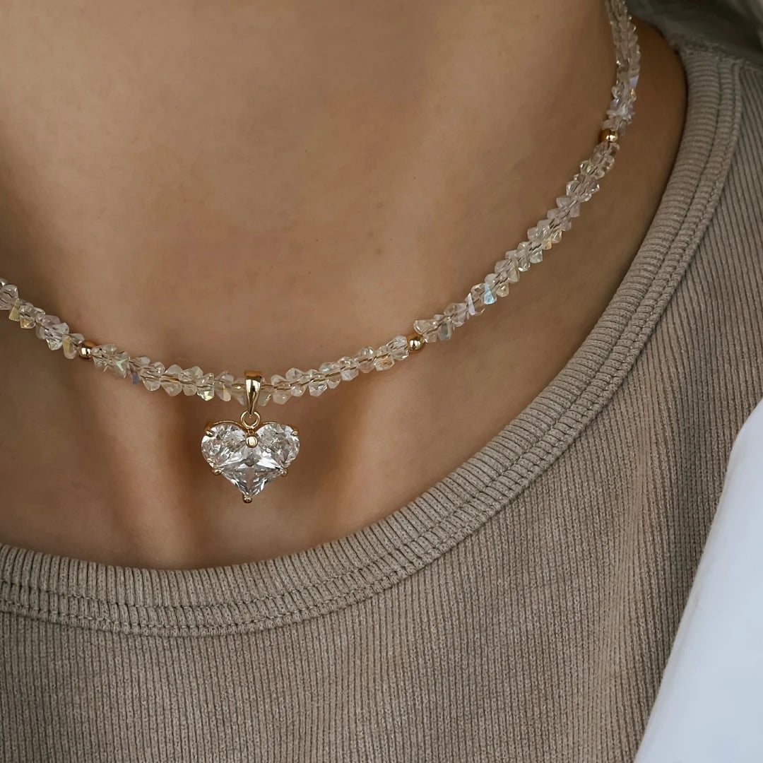 Vintage Zircon Heart Crystal Pendant Necklace – Boho Baroque Transparent Chain Jewelry for Women